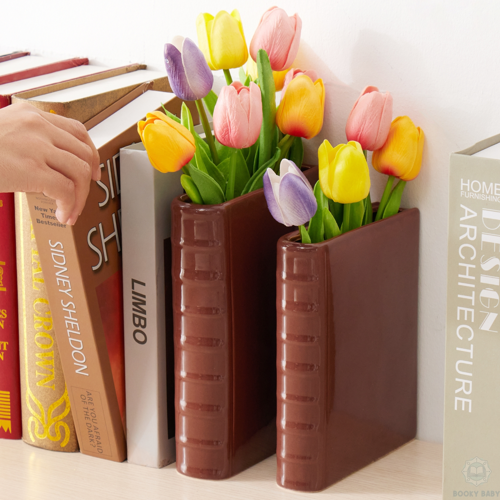 Brown Ceramic Book Vase for Flowers, Bookshelf décor