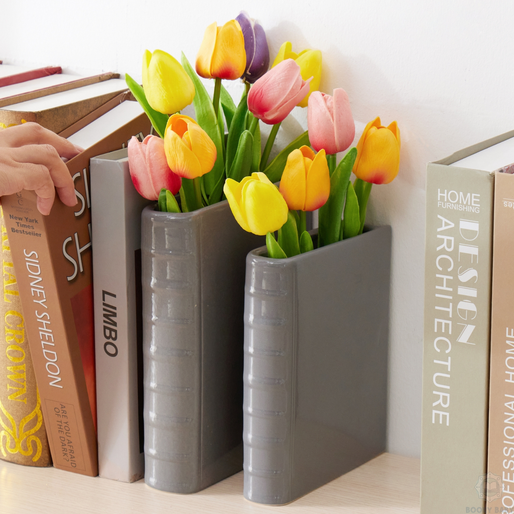 Gray Ceramic Book Vase for Flowers, Bookshelf décor