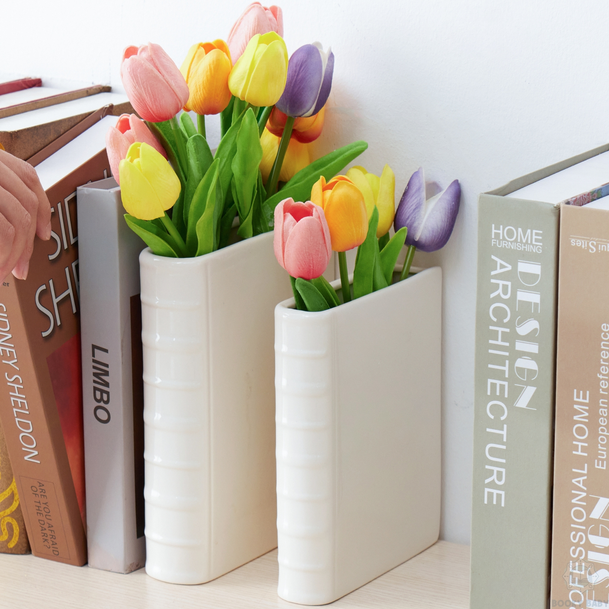 White Ceramic Book Vase for Flowers, Bookshelf Décor